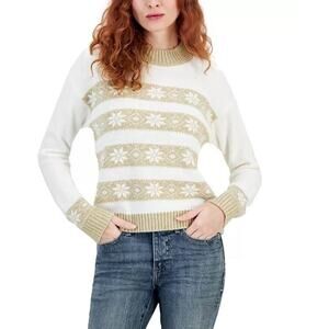 Tommy Hilfiger Womens Striped Snowflake Crewneck Sweater in White/Gold Large $60